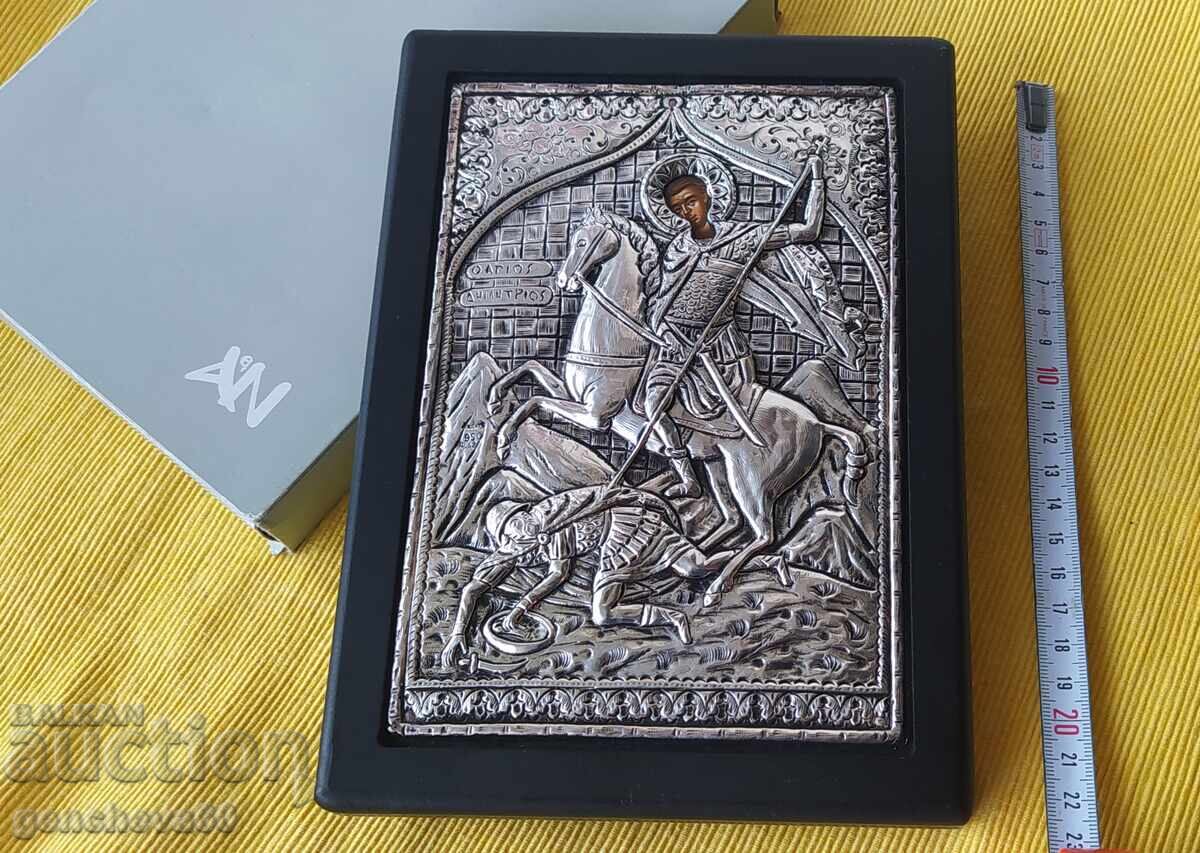 Icoană grecească mare „Sfântul Dumitru”, argint 950