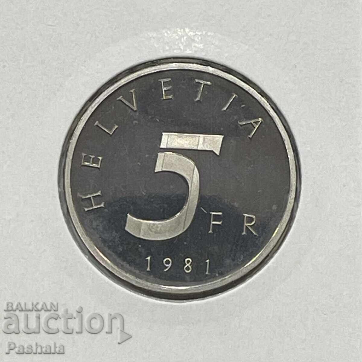 Elveția 5 franci 1981 cu preț € 10.00 | 19.56 BGN