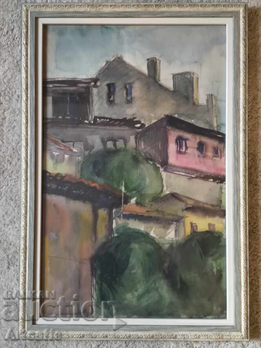 Frumos acuarelă retro „Peisaj urban” (Orașul vechi) cu preț € 100.00 | 195.58 BGN