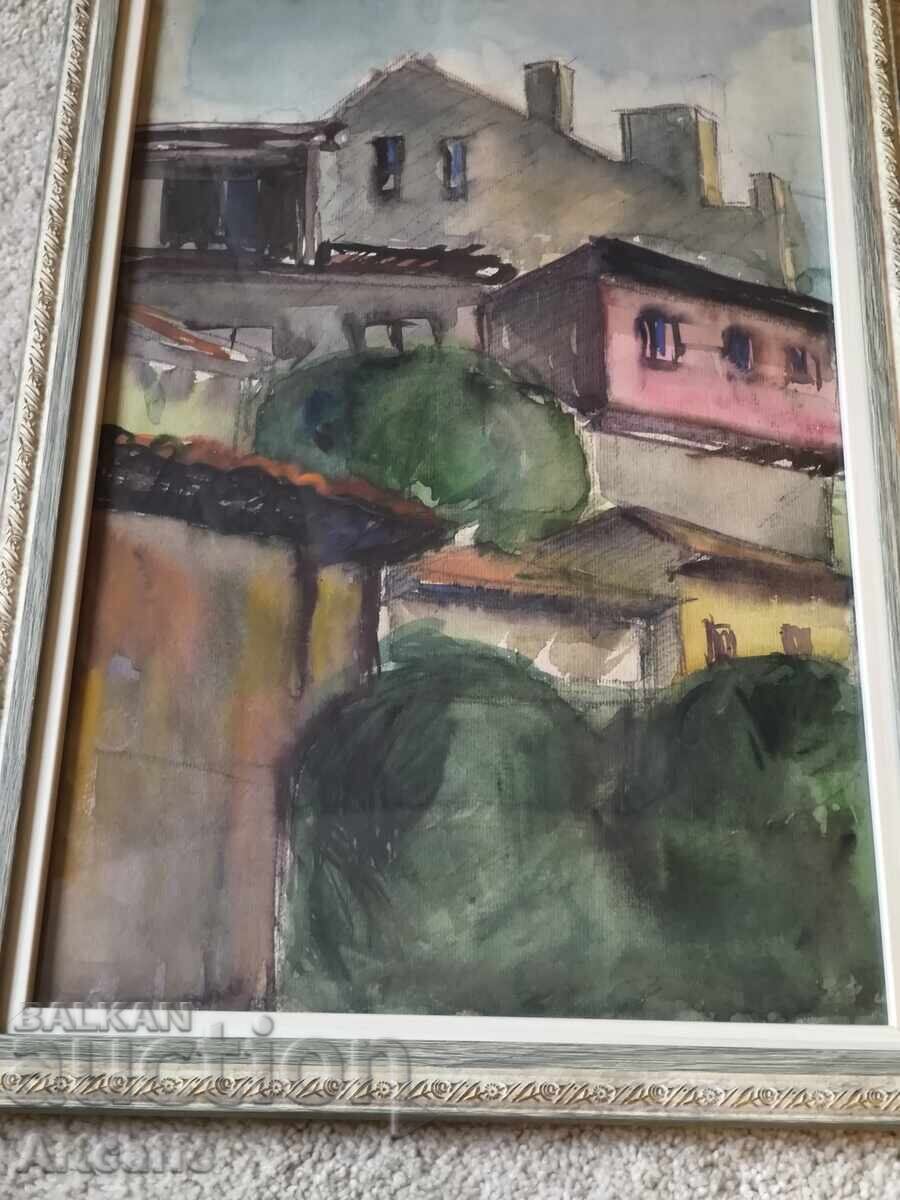 Licitație Frumos acuarelă retro „Peisaj urban” (Orașul vechi)