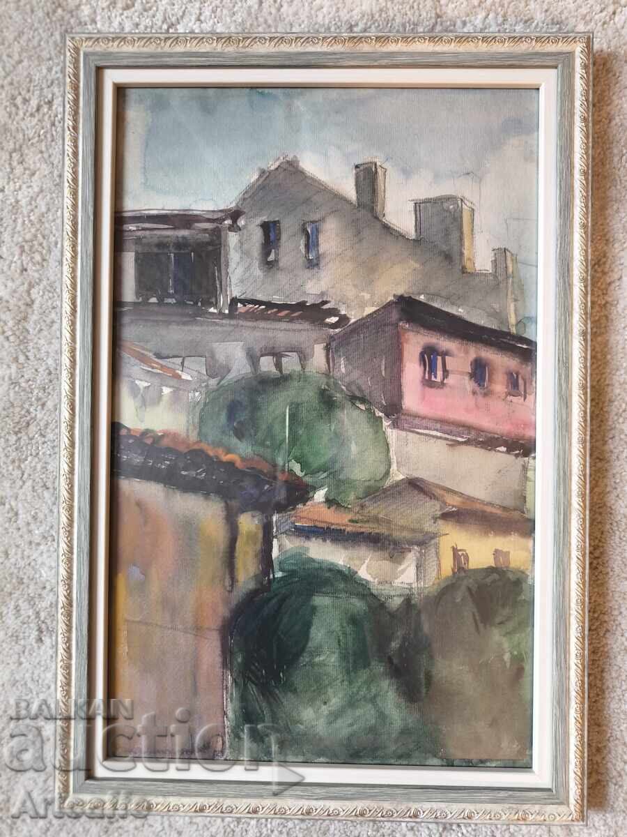 Frumos acuarelă retro „Peisaj urban” (Orașul vechi) - 7
