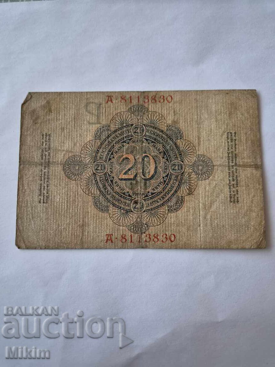 Bancnotă 20 mărci 1908, Germania cu preț € 0.45 | 0.88 BGN Bancnotă 20 mărci 1908, Germania cu preț € 0.45 | 0.88 BGN