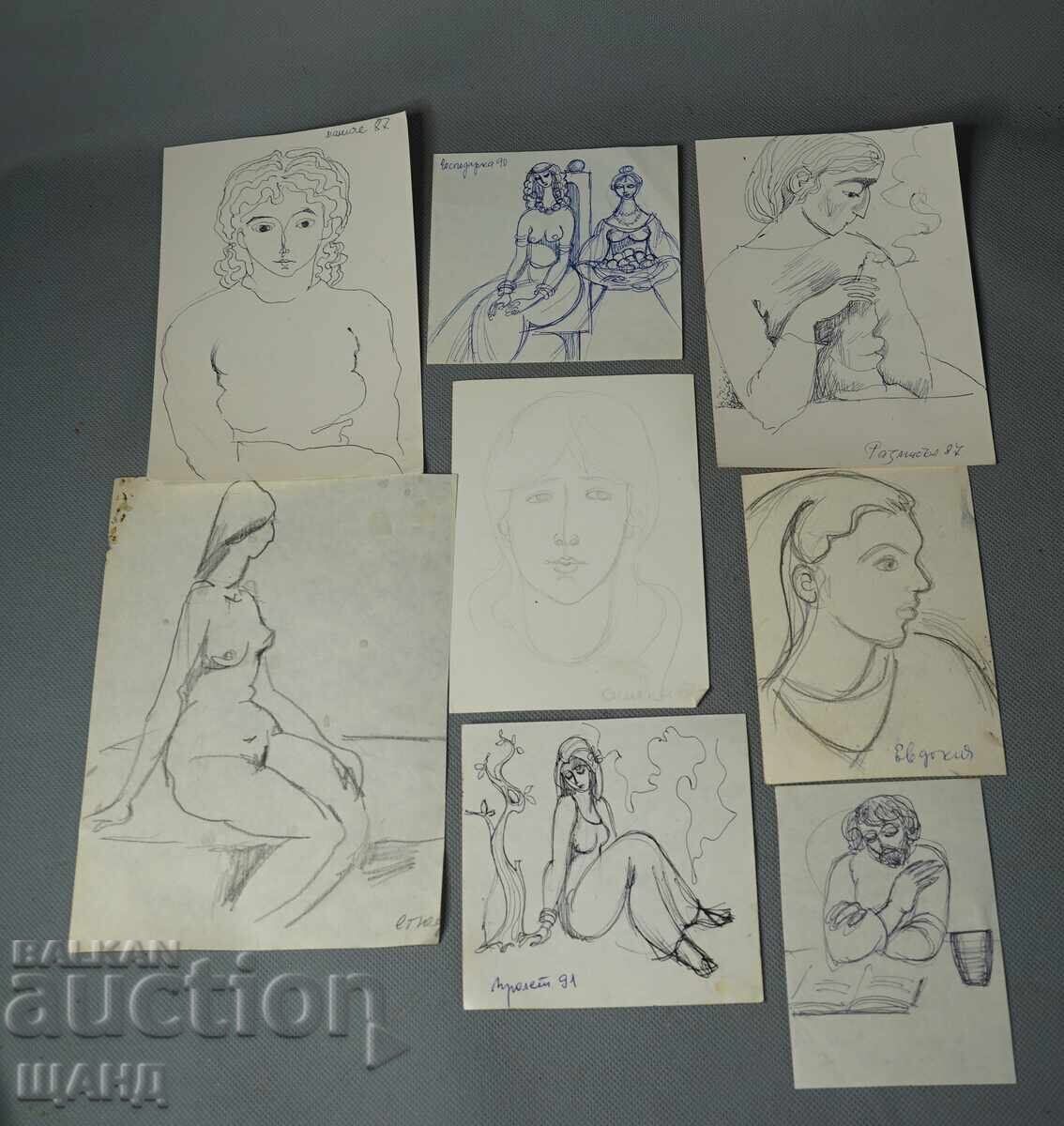 Lot 8 Desene vechi de maestru erotice portret