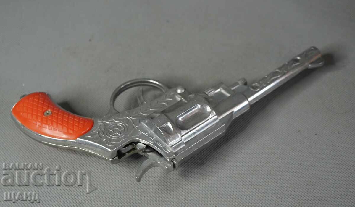 Veche jucărie rusească din metal, revolver cu capse, nou, cu cutie - 5