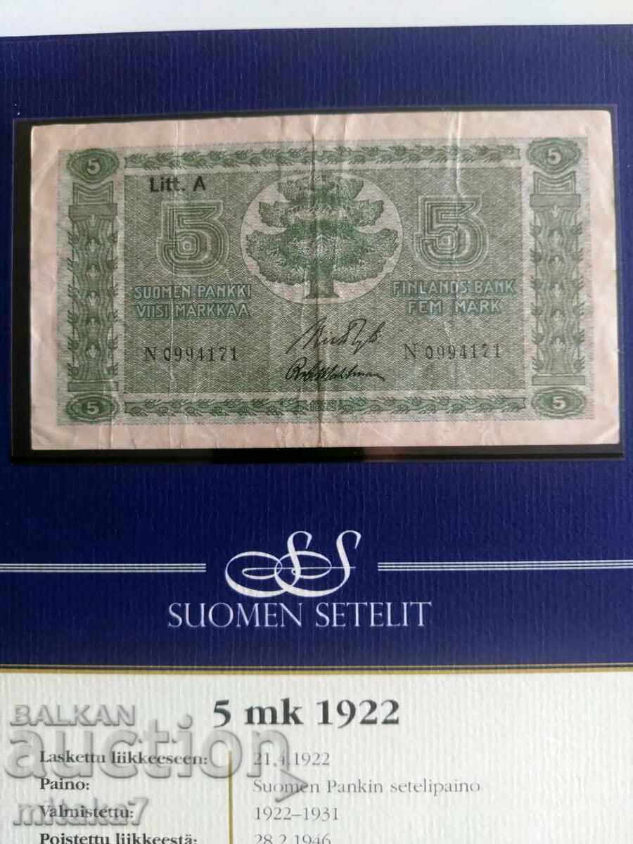 5 markkaa 1922, Finland with price € 6.40 | 12.52 BGN