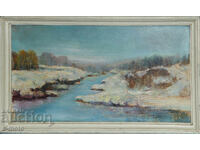 Old oil painting winter landscape