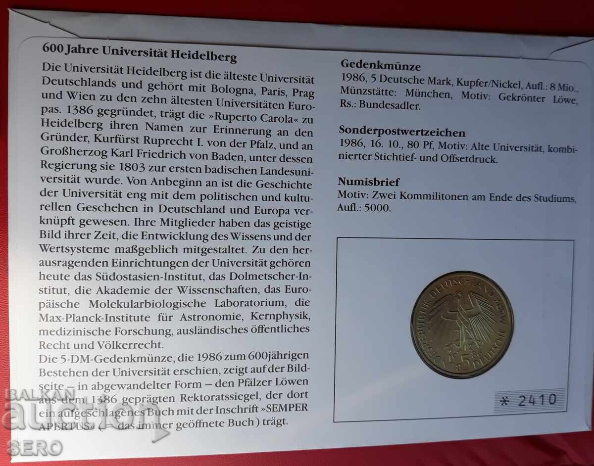 Auction  Germany-5 marks 1986-Heidelberg and postage stamp in a beautiful envelope