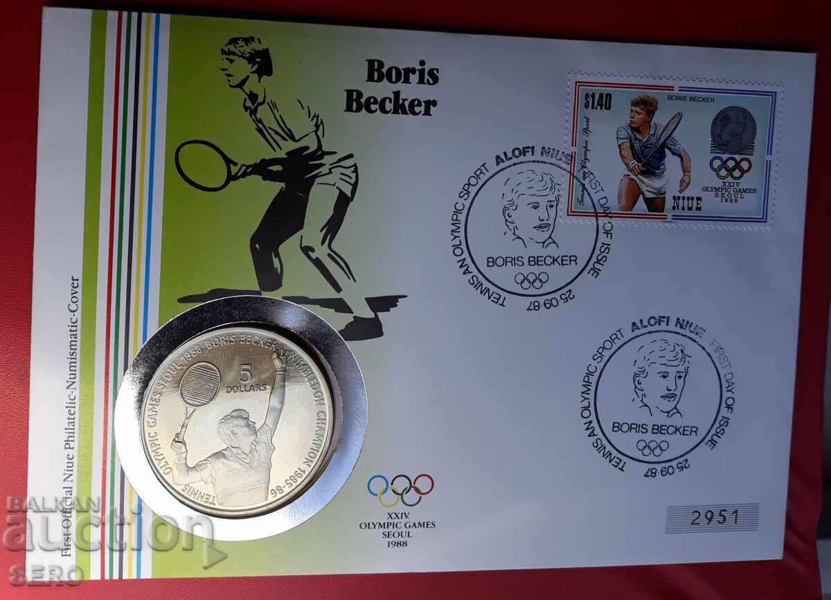 Niue-5 Dollars 1987-Boris Becker and postage stamp in a beautiful envelope