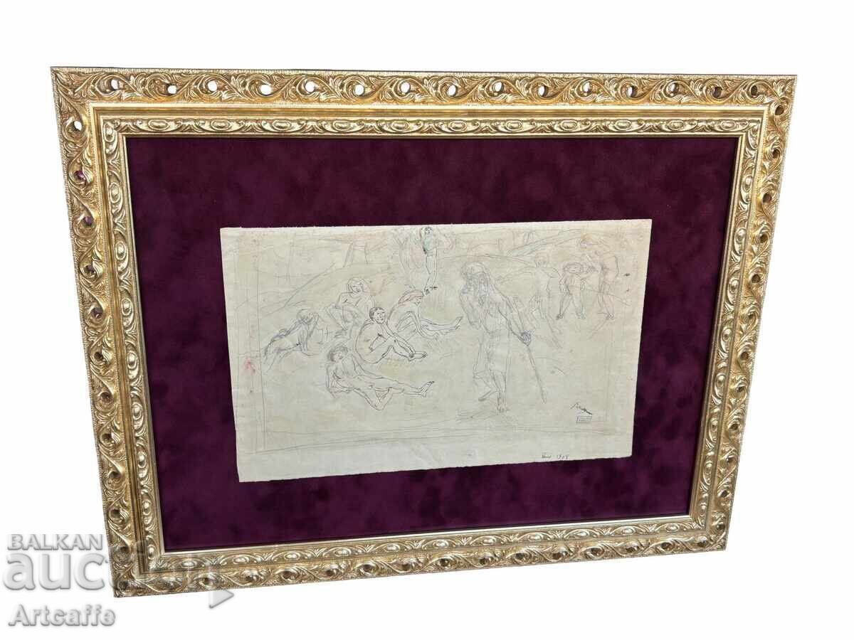 Livrarea Jules Pascin - desen original tehnică mixtă, 1908 Livrarea Jules Pascin - desen original tehnică mixtă, 1908