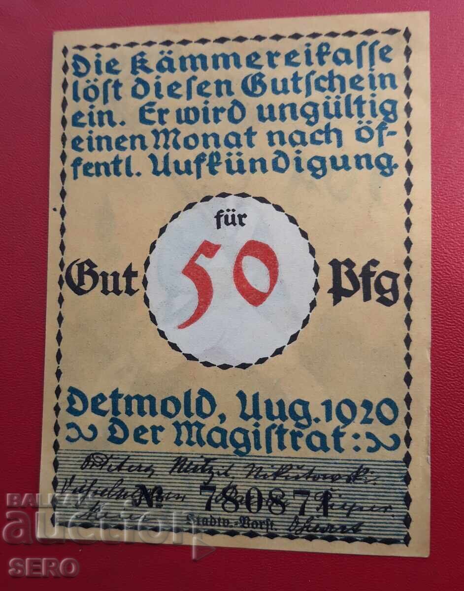 Bancnota-Germania-S.Rhein-Westphalia-Detmold-50 pfennig 1920 cu preț € 1.00 | 1.96 BGN Bancnota-Germania-S.Rhein-Westphalia-Detmold-50 pfennig 1920 cu preț € 1.00 | 1.96 BGN