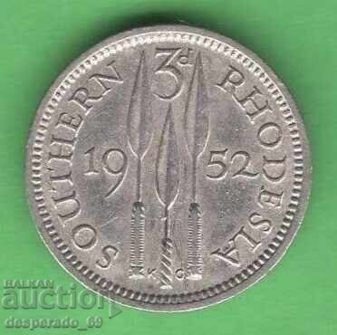 (¯`'•.¸ 3 pence 1952 RHODESIA DE SUD ¸.•'´¯)