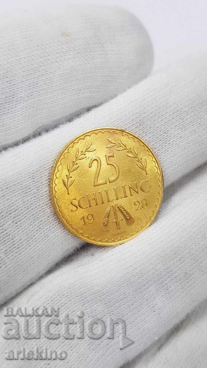 Δημοπρασία Σπάνιο χρυσό νόμισμα 25 Σελίνια 1928 - Αυστρία - 900 καθαρότητα