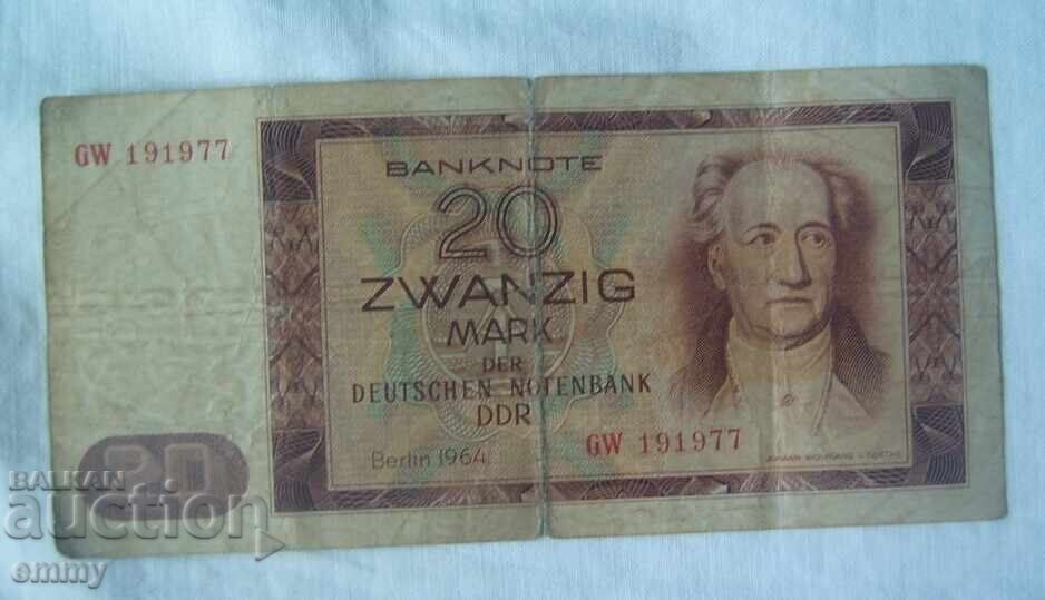 Bancnotă Germania RDG - 20 mărci, 1964 cu preț € 8.00 | 15.65 BGN Bancnotă Germania RDG - 20 mărci, 1964 cu preț € 8.00 | 15.65 BGN