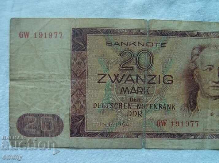 Licitație Bancnotă Germania RDG - 20 mărci, 1964 Licitație Bancnotă Germania RDG - 20 mărci, 1964