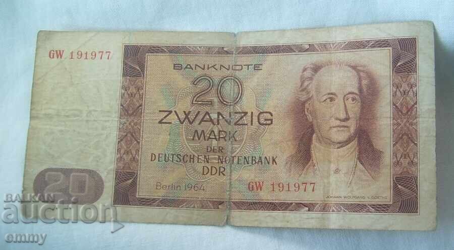 Bancnotă Germania RDG - 20 mărci, 1964 Bancnotă Germania RDG - 20 mărci, 1964