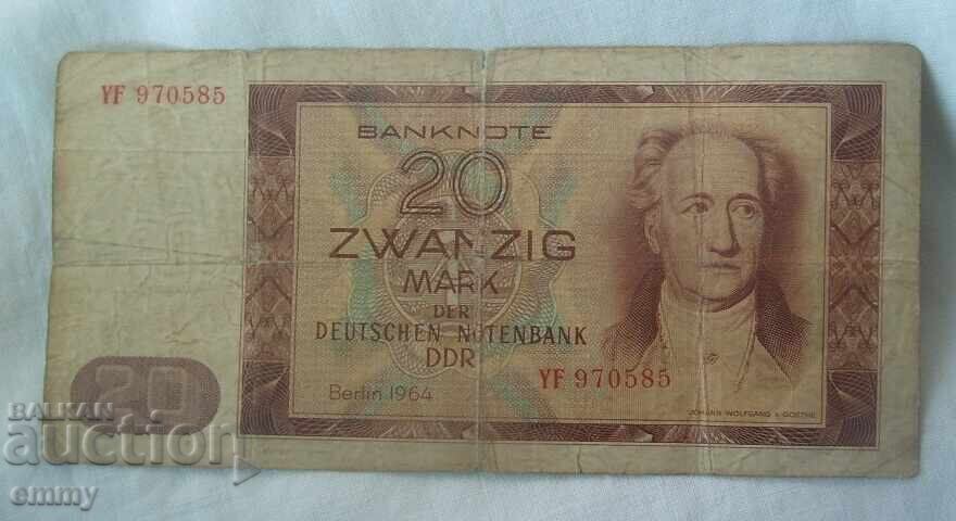 Bancnotă Germania RDG - 20 mărci, 1964 Bancnotă Germania RDG - 20 mărci, 1964