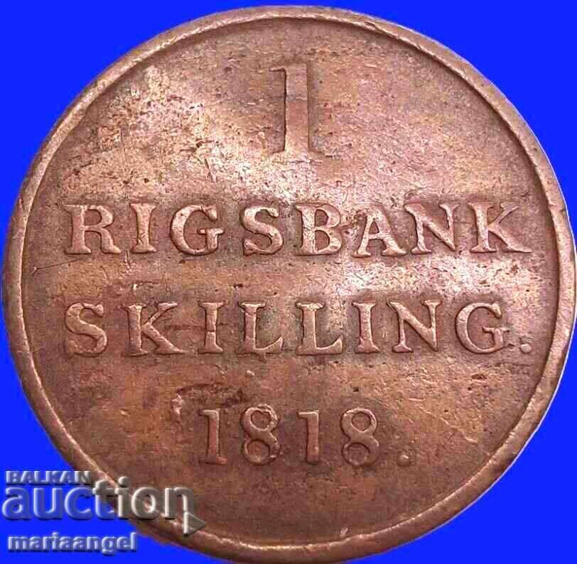 Danemarca 1 Skilling 1818 Frederik VI 1808 - 1839 bronz