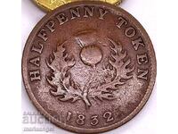1/2 penny 1832 Marea Britanie 7,84g Nova Scotia jeton bronz