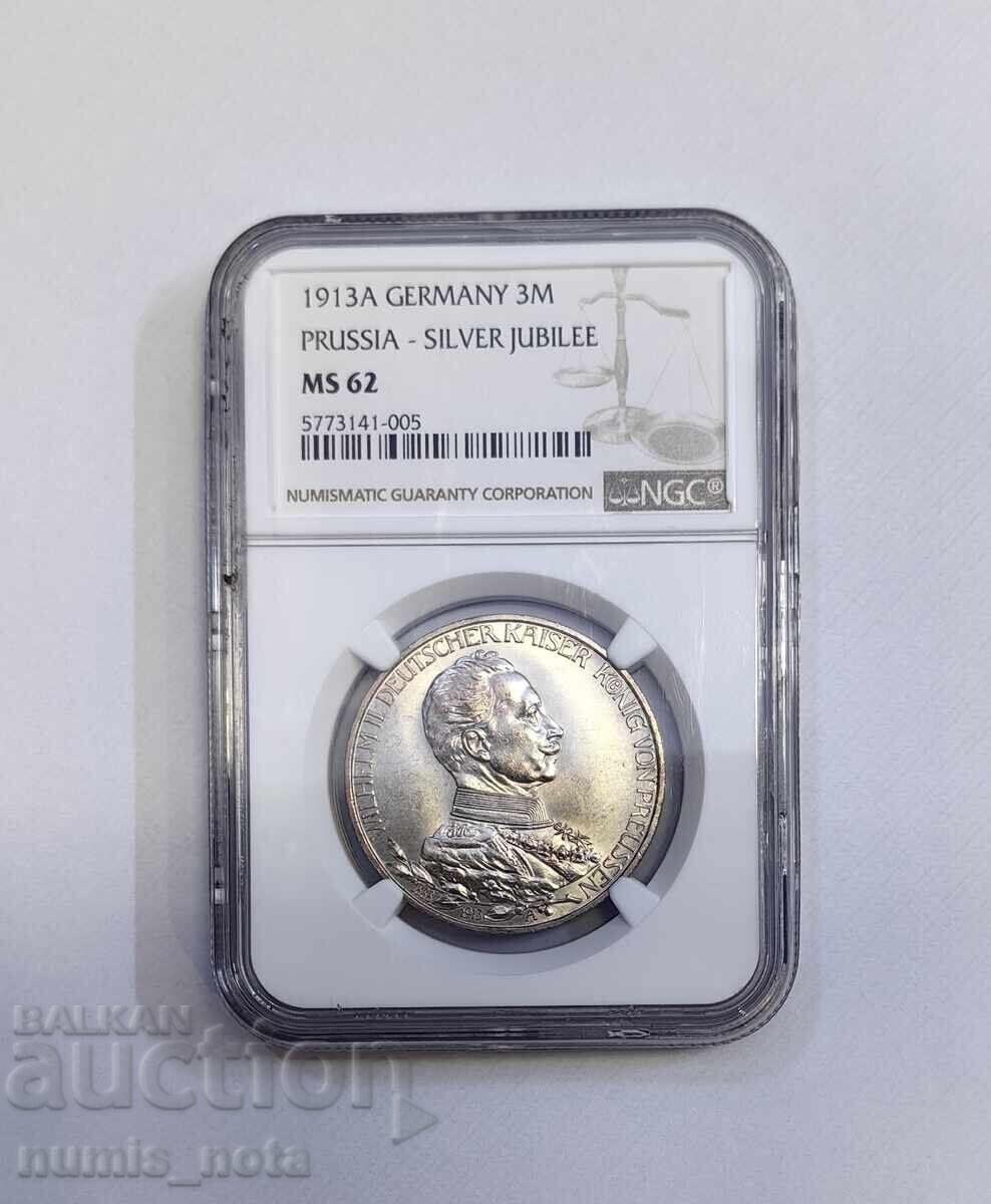 3 mărci 1913 A Prusia - Germania NGC MS 62