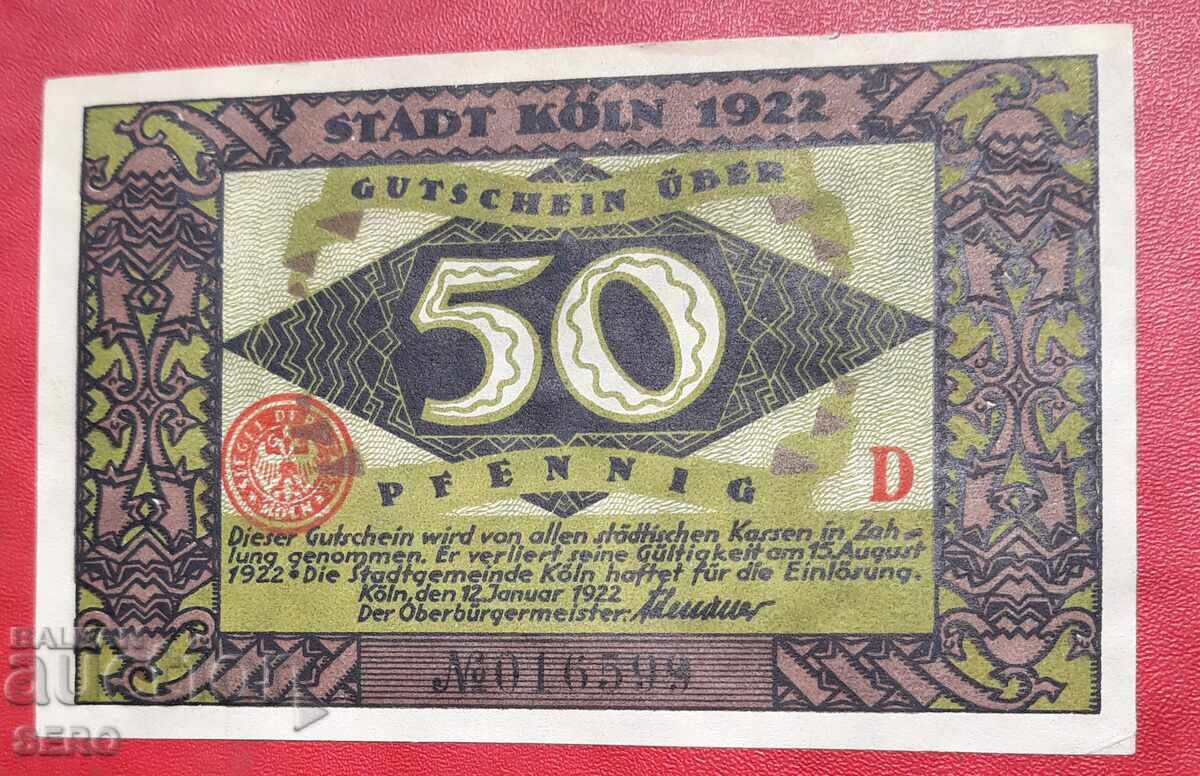 Банкнота-Германия-С.Рейн-Вестфалия-Кьолн-50 пфенига 1922 с цена € 1.01 | 1.98 лв.