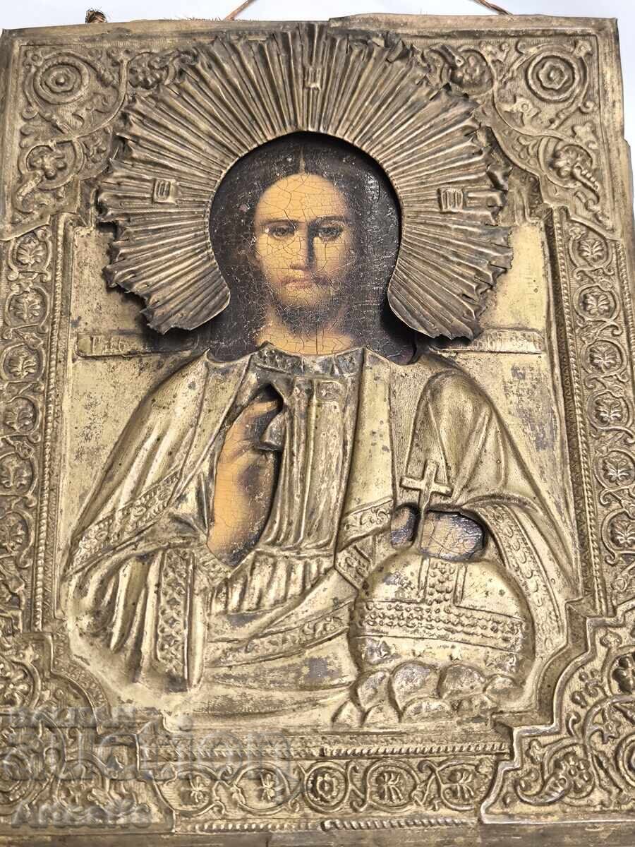 Icoană rusească veche „Hristos Pantocrator” cu ferecătură metalică