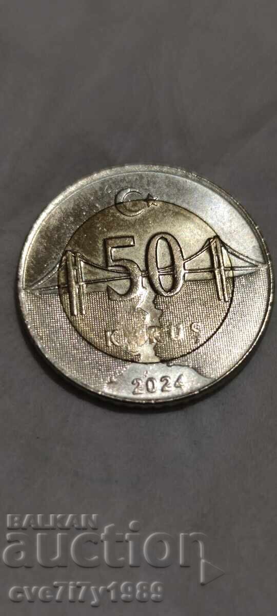 Monedă cu defect Turcia 50 kuruș 2024 - literă lipsă