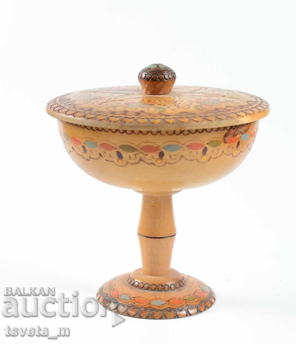 Auction  Decorative wooden bowl, pyrographied and colored, soc