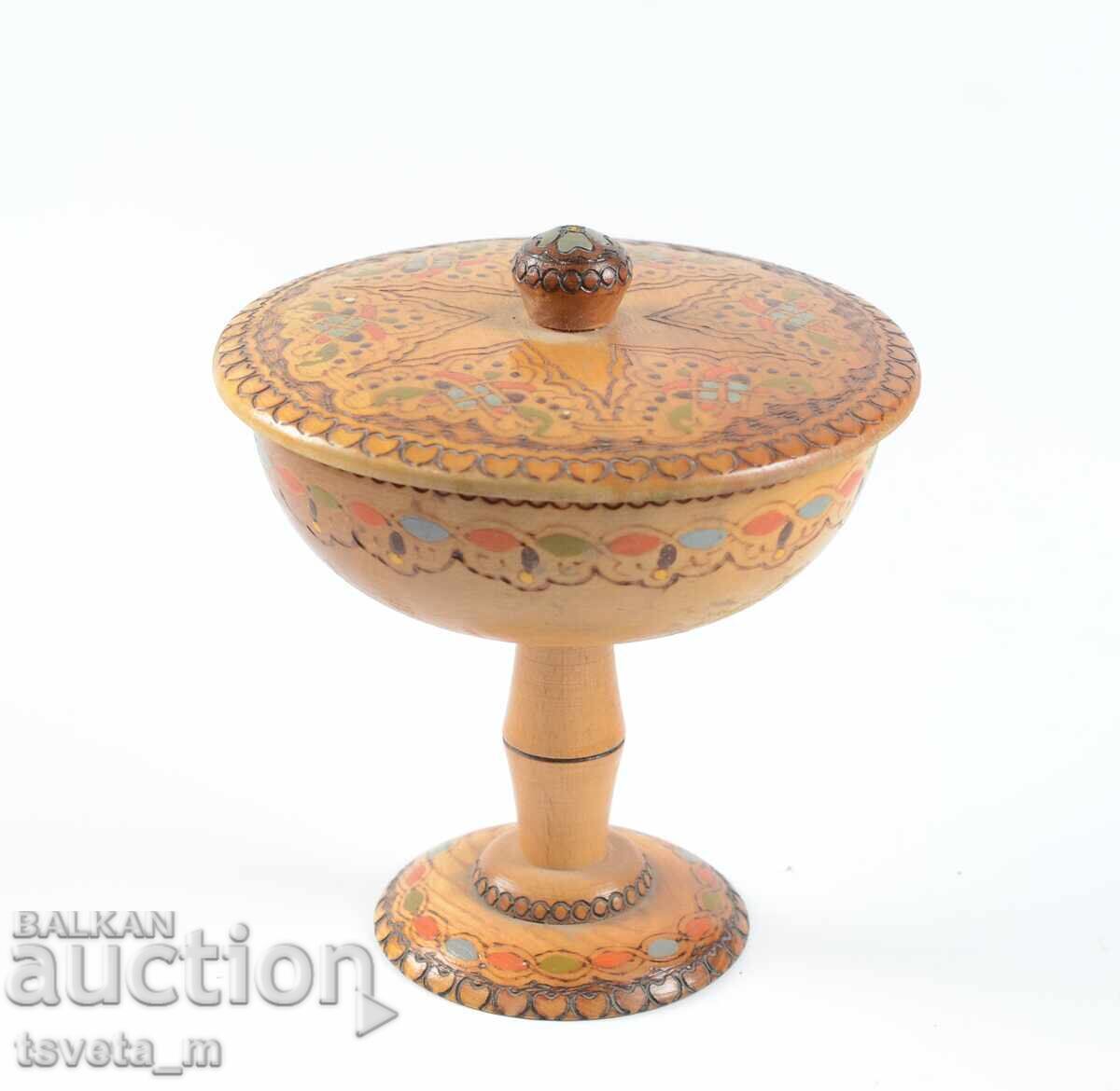 Decorative wooden bowl, pyrographied and colored, soc