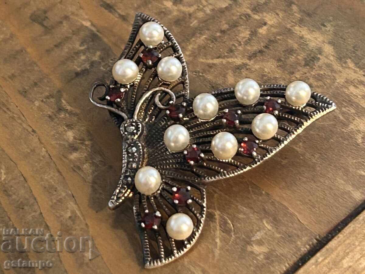 Παλιά Ασημένια Καρφίτσα Πεταλούδα / Γρανάτες Μαργαριτάρια Μαρκασίτες με τιμή € 40.00 | 78.23 BGN