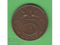 (¯`'•.¸ 5 cenți 1953 OLANDA ¸.•'´¯)