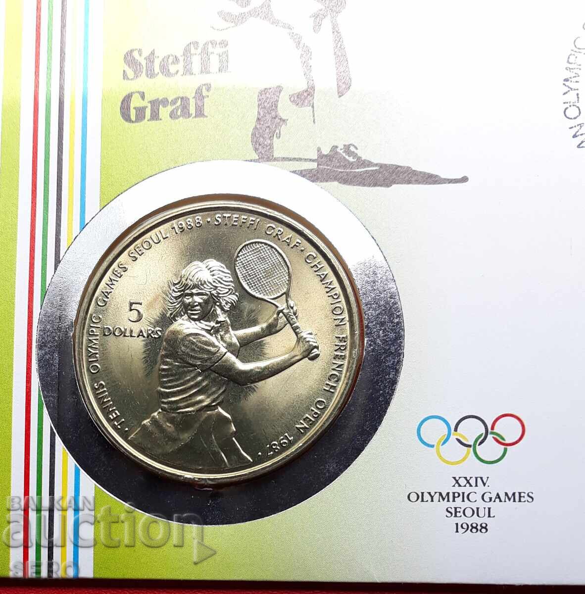 Insula Niue - 5 dolari 1987 și marcă poștală în plic oficial cu preț € 9.00 | 17.60 BGN