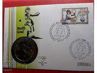 Niue Island - 5 Dollars 1987 and postage stamp in a commemorative envelope