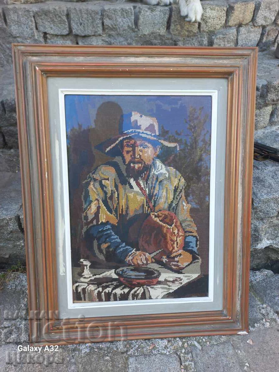 OLD TAPESTRY IN A WOODEN FRAME