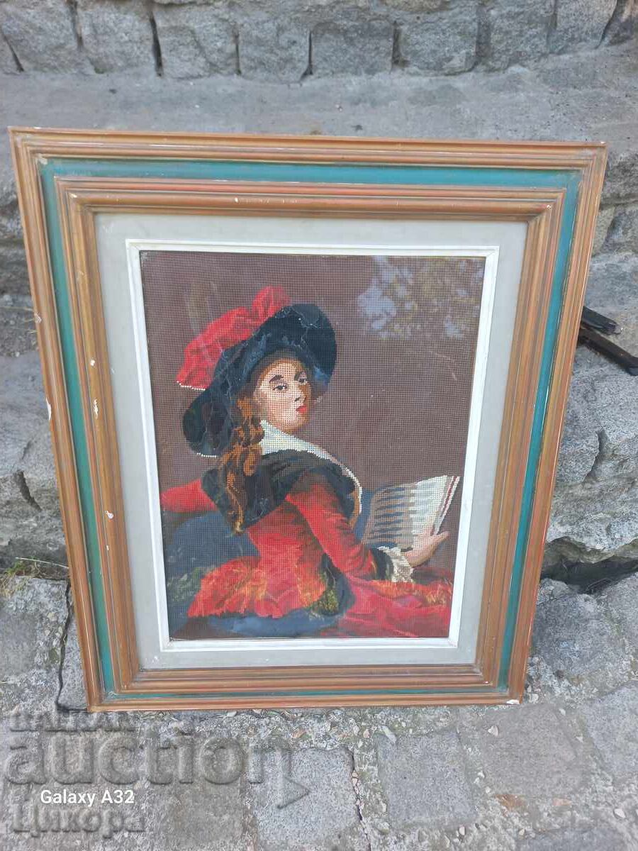 OLD TAPESTRY IN A WOODEN FRAME