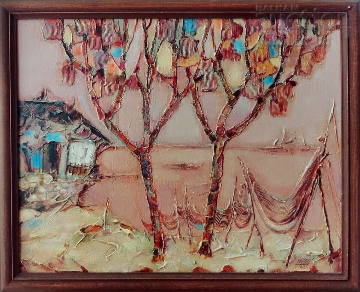 Πίνακας, τοπίο, θάλασσα, δίχτυα, ζωγρ. Ν. Χανζάροφ, 1999
