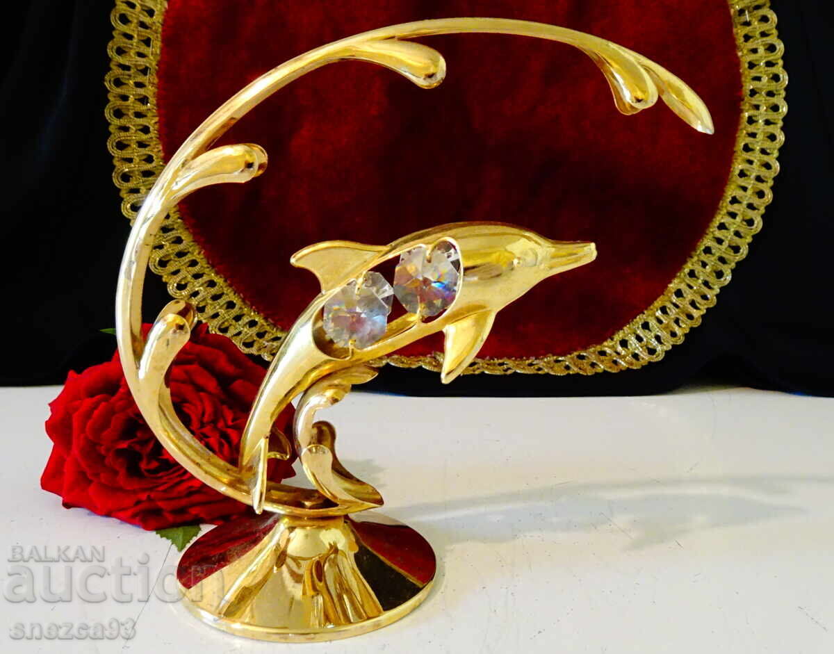 Licitație Figurină delfin placată cu aur, 24k Gold Plated, cristale austriece
