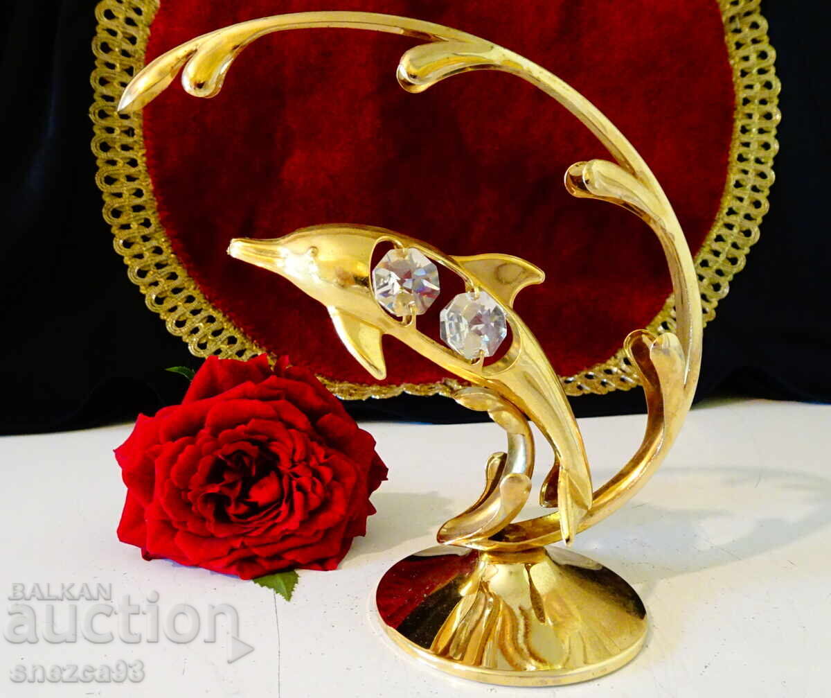 Figurină delfin placată cu aur, 24k Gold Plated, cristale austriece