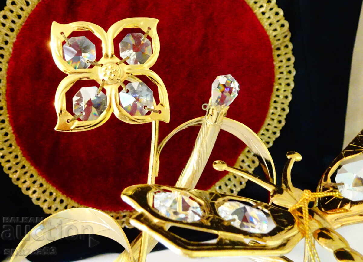 Licitație Figurină placată cu aur Libelulă, Floare, 24k Gold Plated, cristale