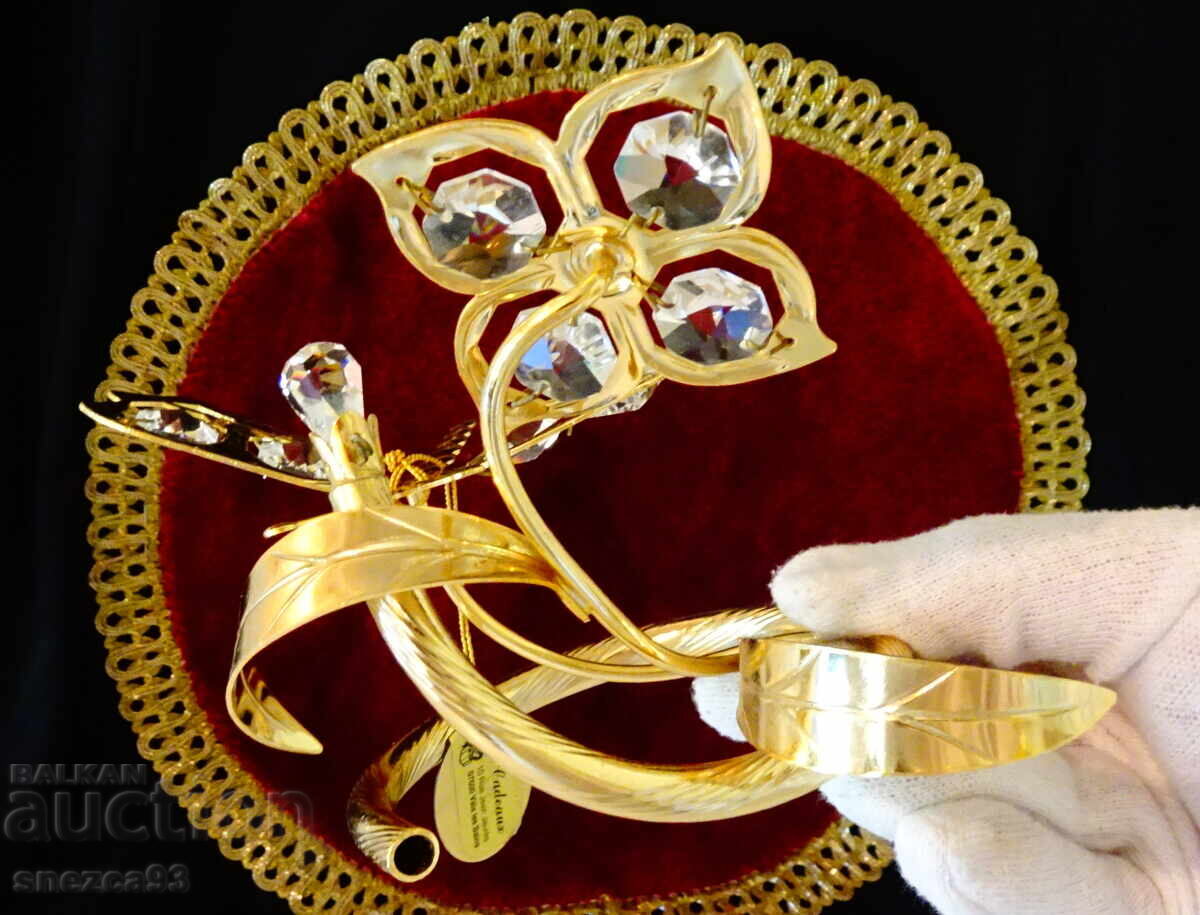 Figurină placată cu aur Libelulă, Floare, 24k Gold Plated, cristale - 5