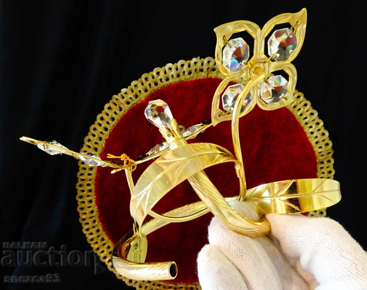 Figurină placată cu aur Libelulă, Floare, 24k Gold Plated, cristale - 6