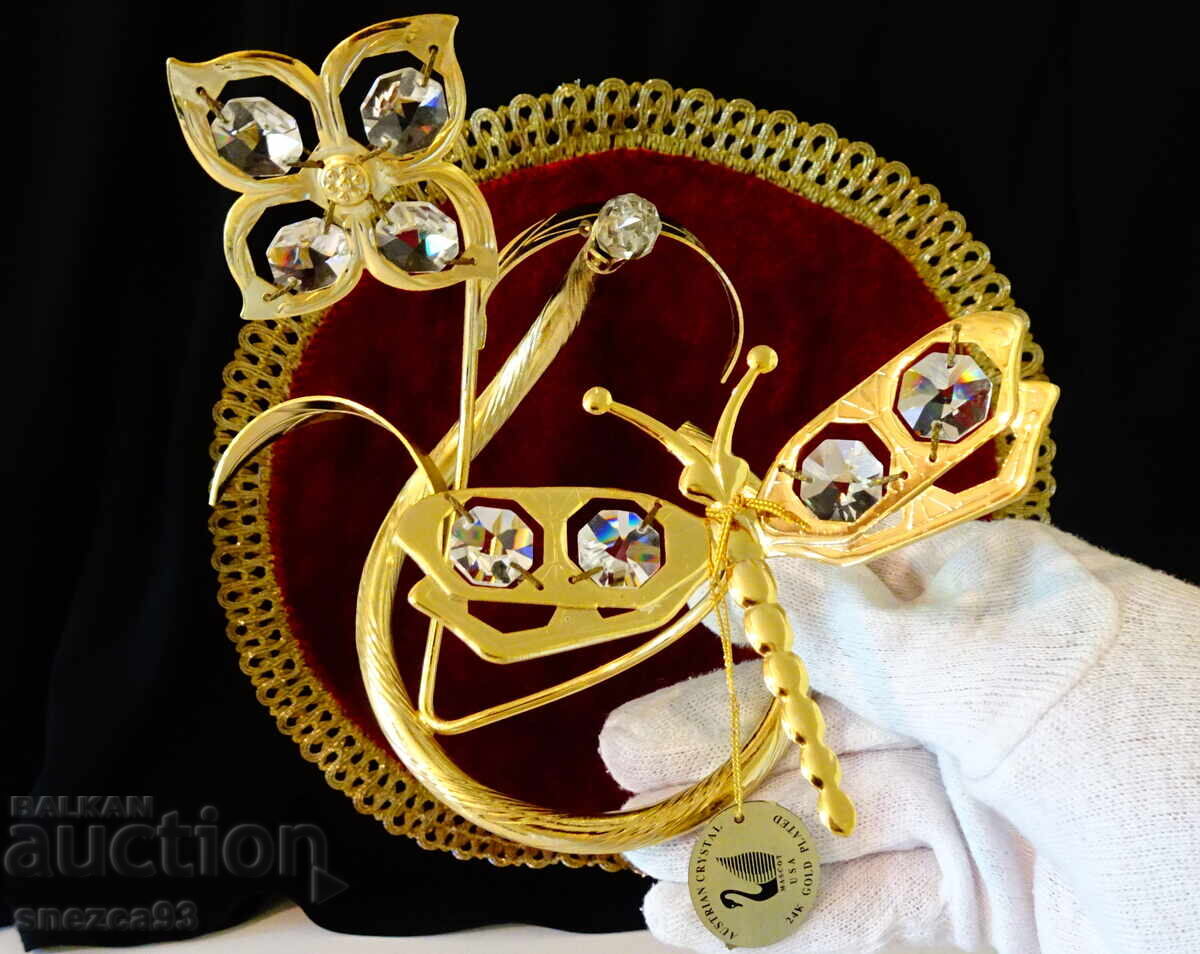 Figurină placată cu aur Libelulă, Floare, 24k Gold Plated, cristale