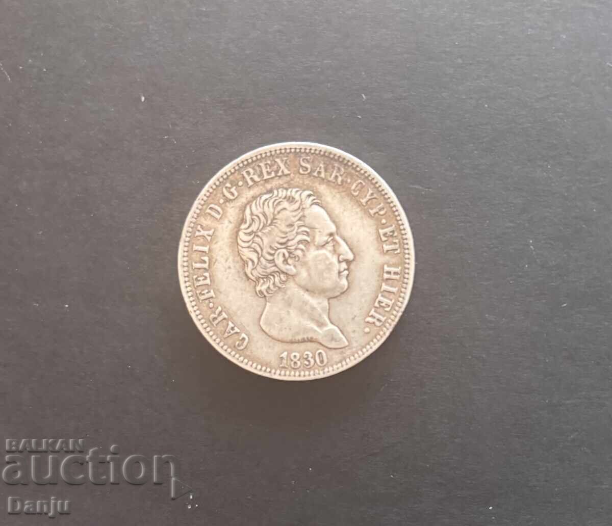 5 лири 1830г.Карло Феличе Кралство Сардиния с цена € 54.00 | 105.62 лв.