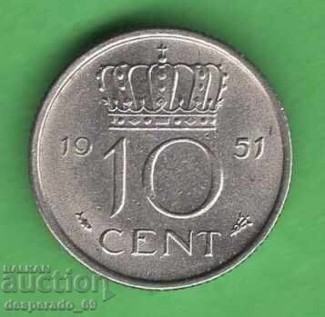 (¯`'•.¸ 10 cents 1951 NETHERLANDS ¸.•'´¯)
