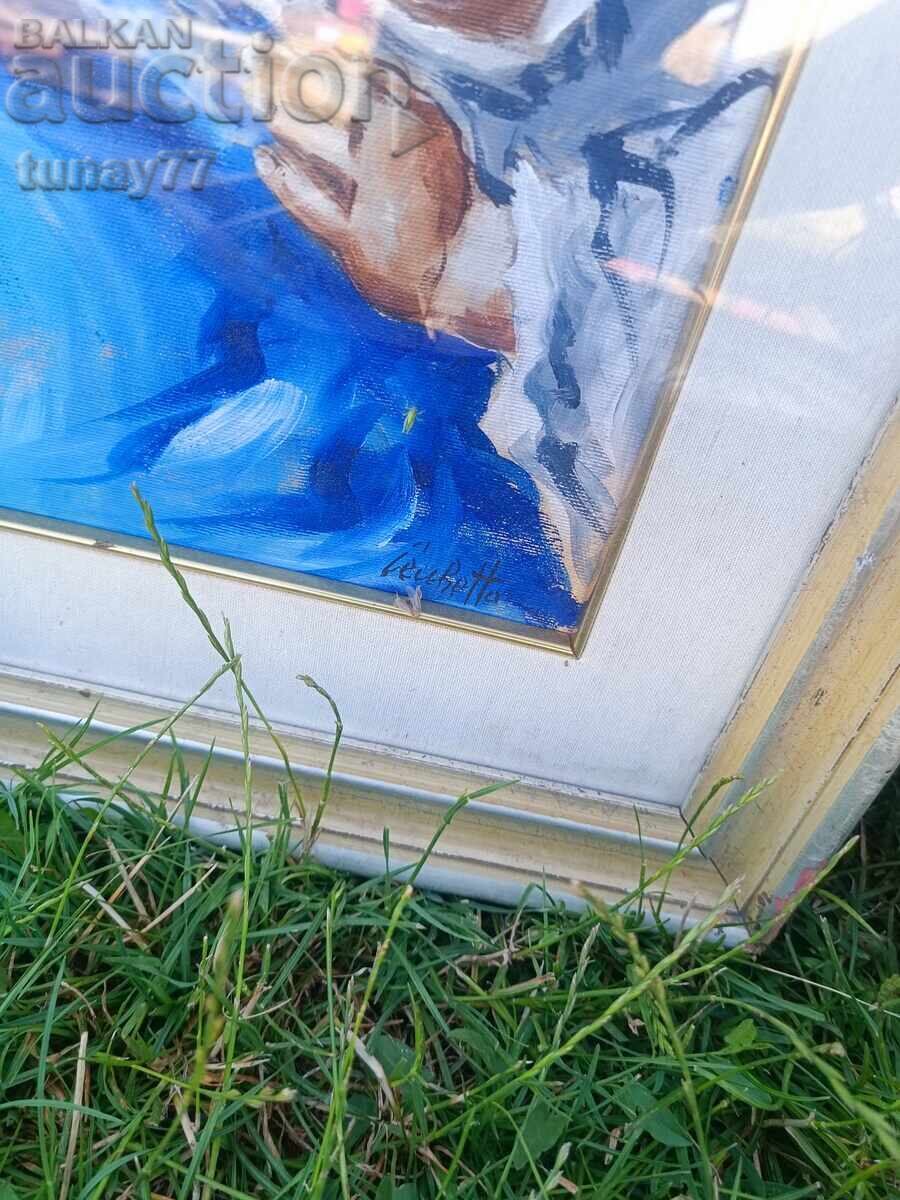 Δημοπρασία Παλαιός ελαιογραφικός πίνακας σε καμβά με μασίφ κορνίζα και τζάμι μπροστά