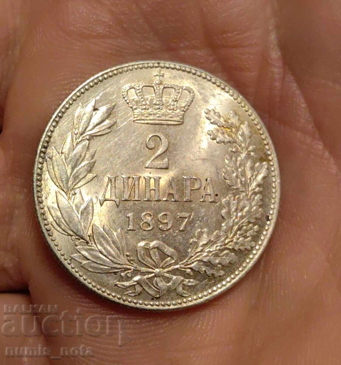 Auction  2 Dinars 1897 Serbia - Brilliant Uncirculated