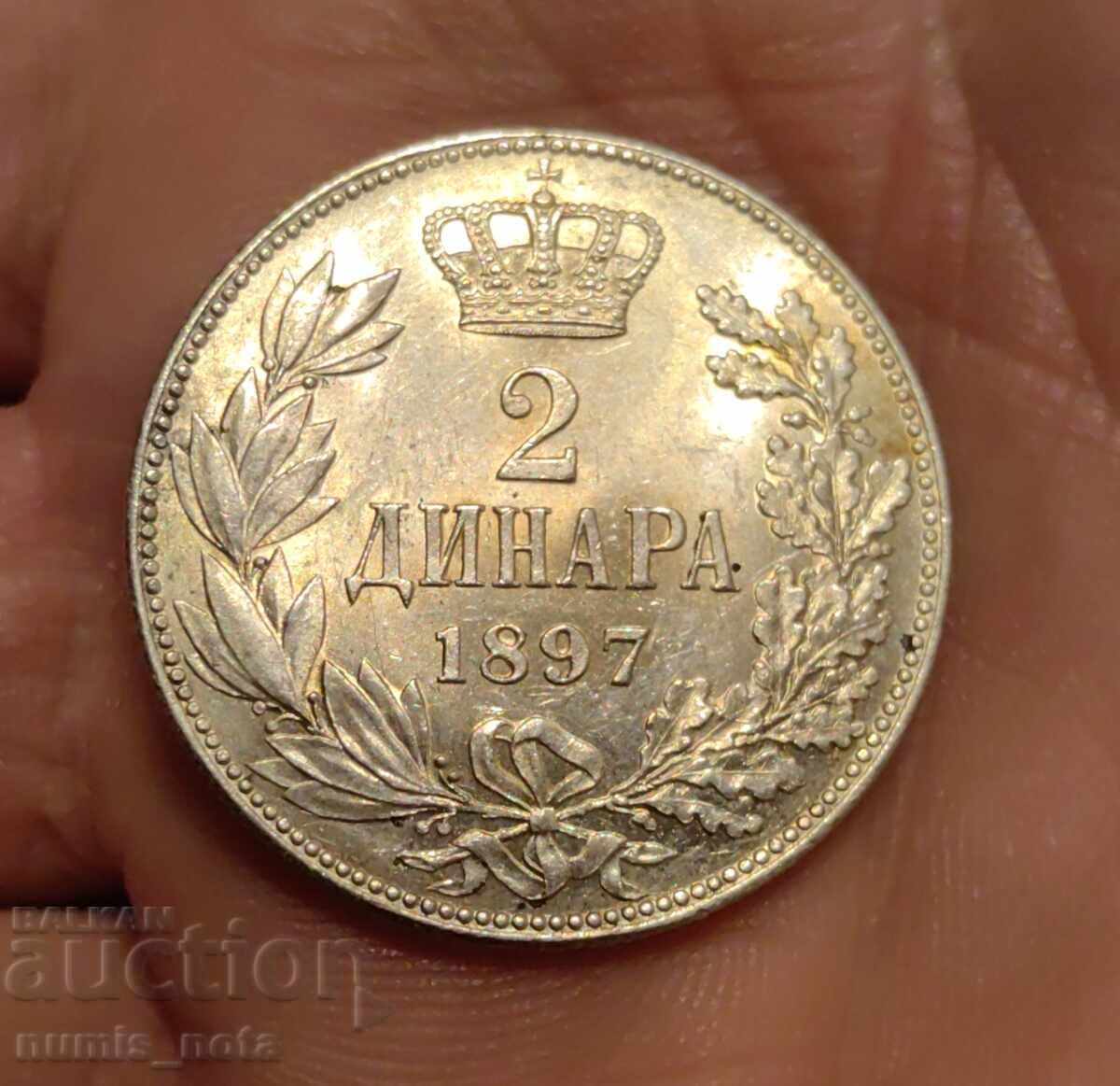 2 Dinars 1897 Serbia - Brilliant Uncirculated
