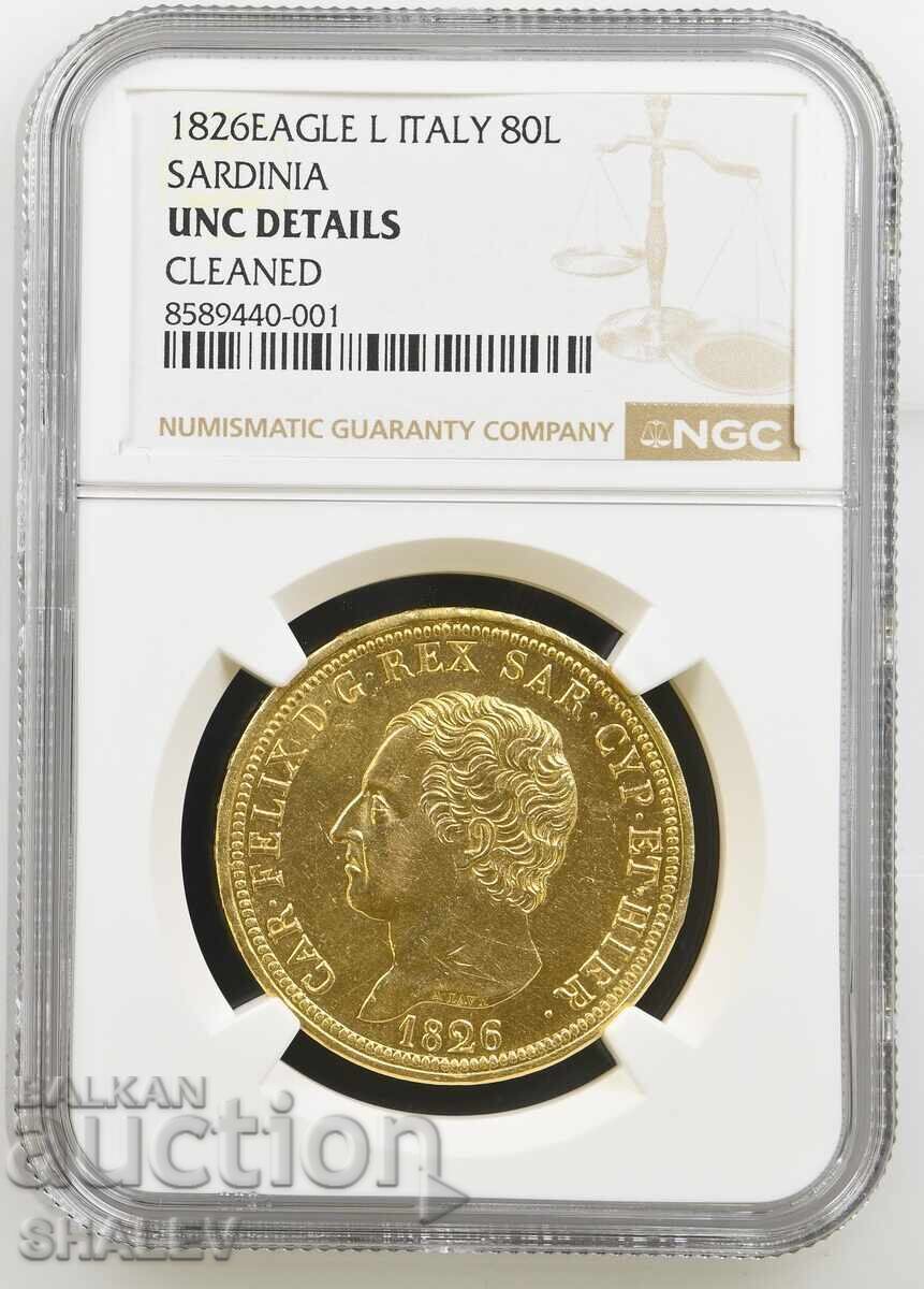 80 Lire 1826 L Sardinia / Italy - NGC Unc (gold)