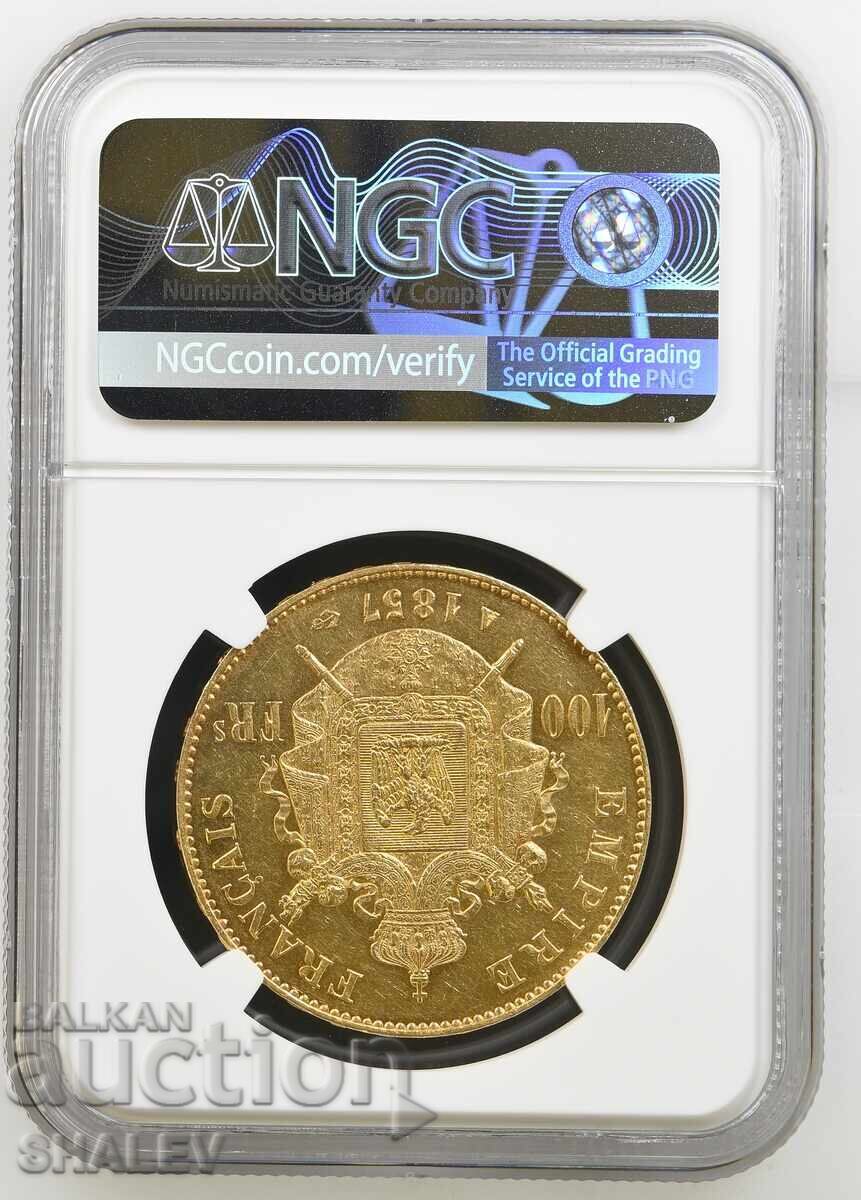 100 Franci 1857 A Franța - AU58 (aur) cu preț € 4399.89 | 8605.47 BGN