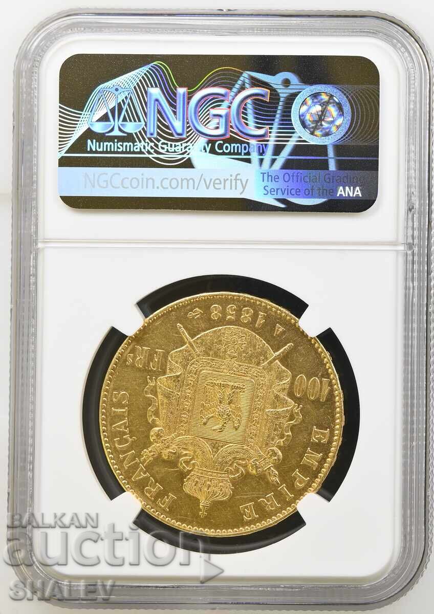 100 Francs 1858 A France - AU58 (gold) with price € 4759.89 | 9309.57 BGN 100 Francs 1858 A France - AU58 (gold) with price € 4759.89 | 9309.57 BGN