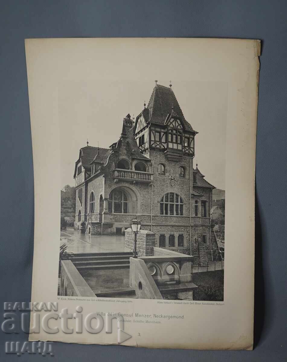 Litografie arhitecturală din Viena, 1900, reprezentând o casă, clădire, vilă